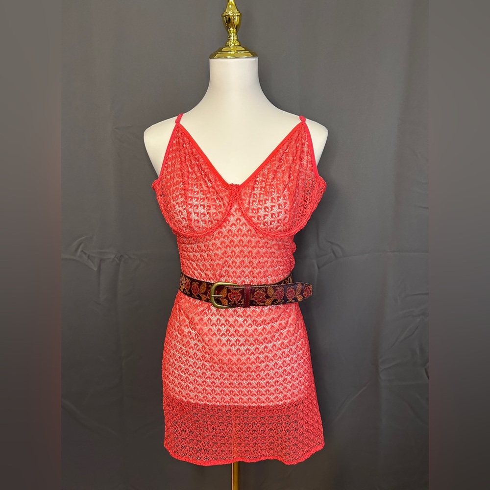 See through lace mini dress in hot pink